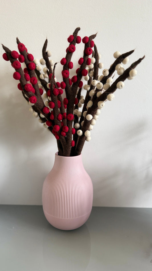Handmade Felt Wool Berry Branch – Red & Cream Felted Berry Stems