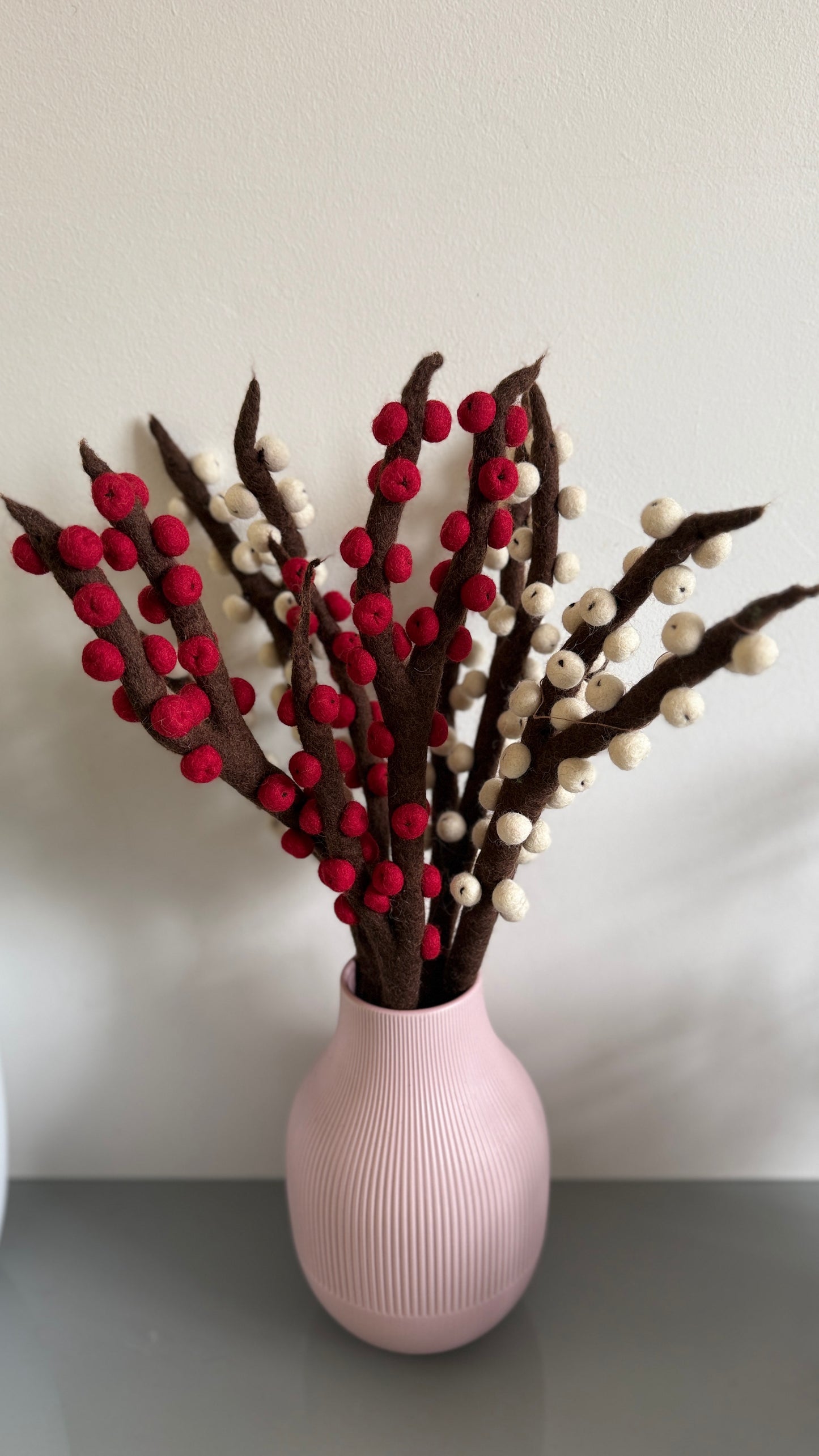 Handmade Felt Wool Berry Branch – Red & Cream Felted Berry Stems
