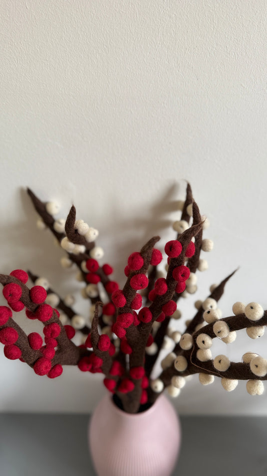 Handmade Felt Wool Berry Branch – Red & Cream Felted Berry Stems